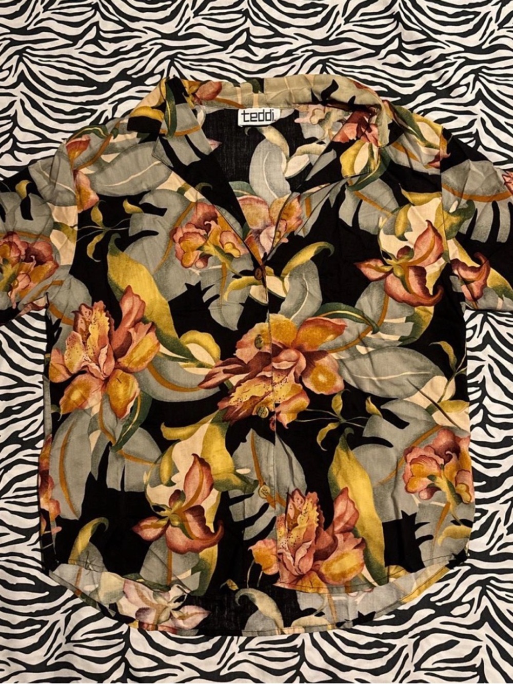 Teddi Black Floral Camp Collar Shirt with Mustard Accents